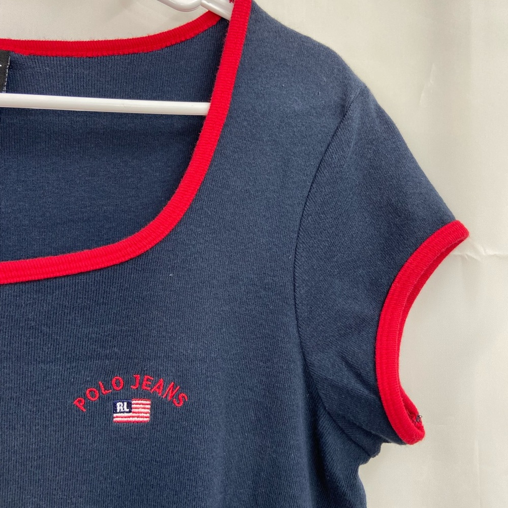 Vintage POLO Jeans Co Ralph Lauren navy blue red scoop neck tshirt dress stretch - Picture 2 of 6